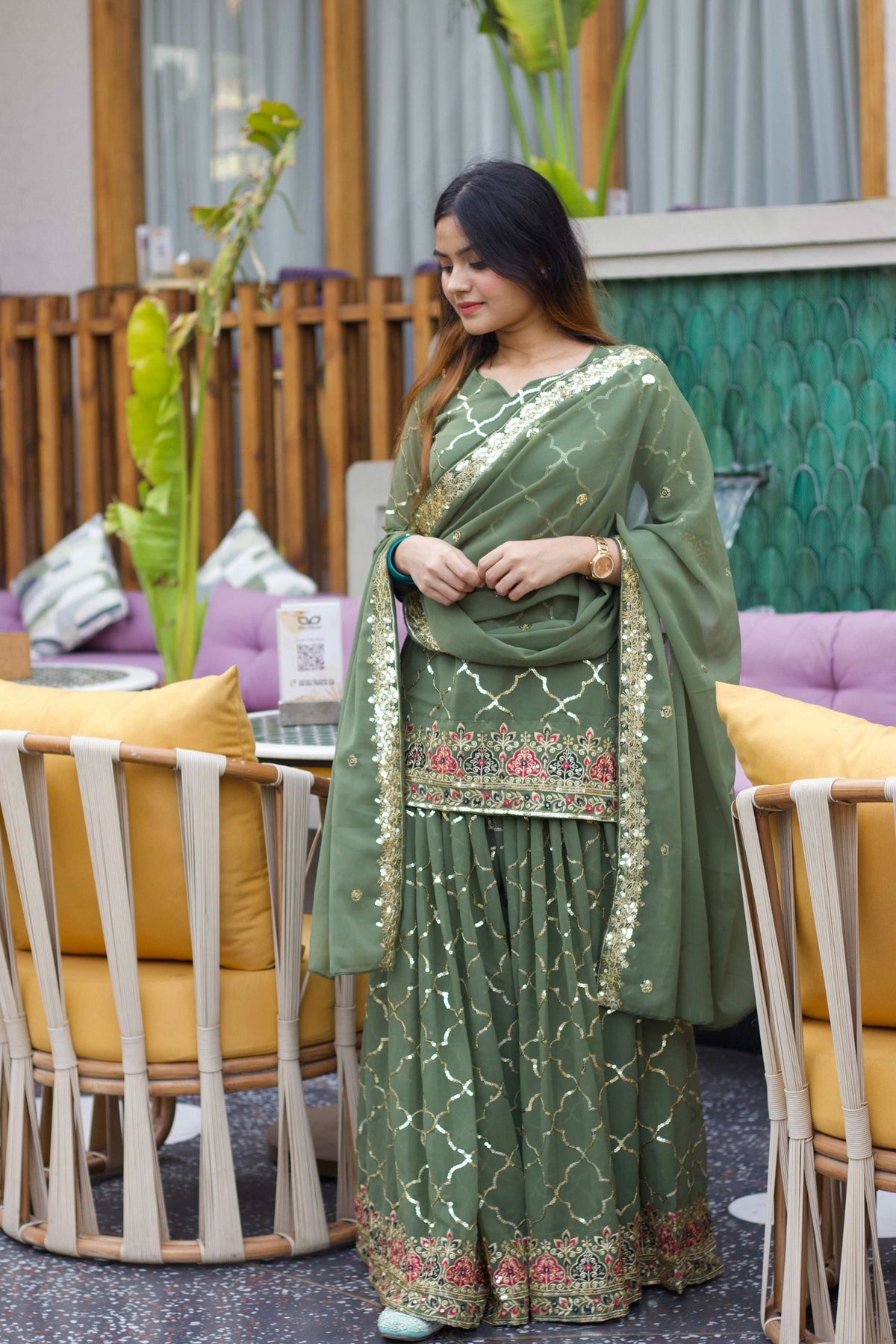 Yash Enterprise Green Georgette Embroidery Party Wear Suit Set | Grocsy