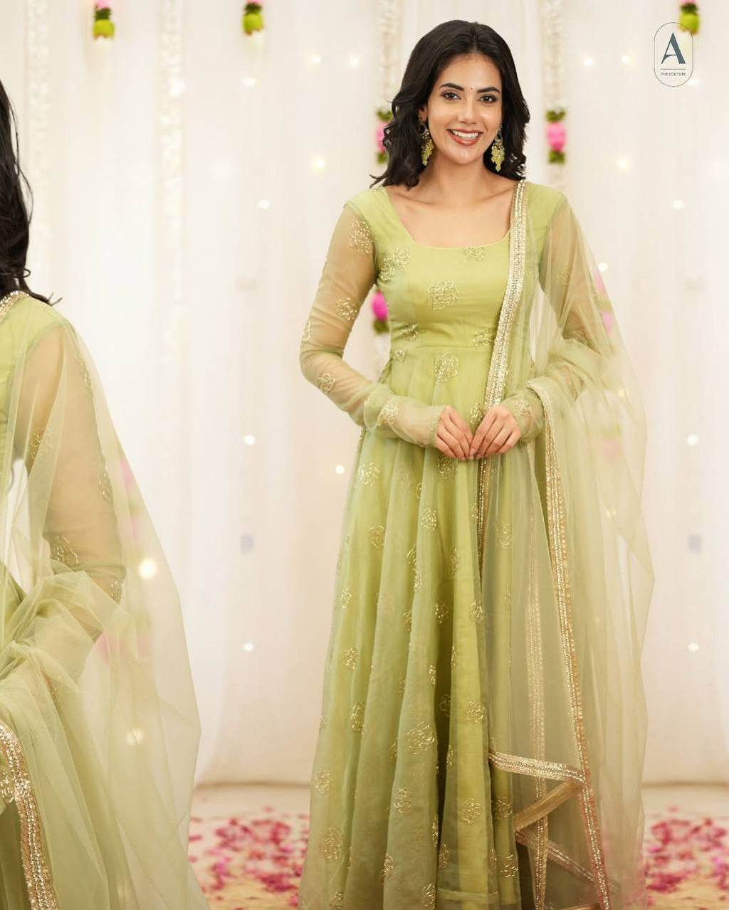 Yash Enterprise Light Green Soft Organza Party Wear Embroidery Suit Set | Grocsy