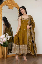 Yash Enterprise Mehndi Vichitra Silk Party Wear Embroidery Suit Set | Grocsy