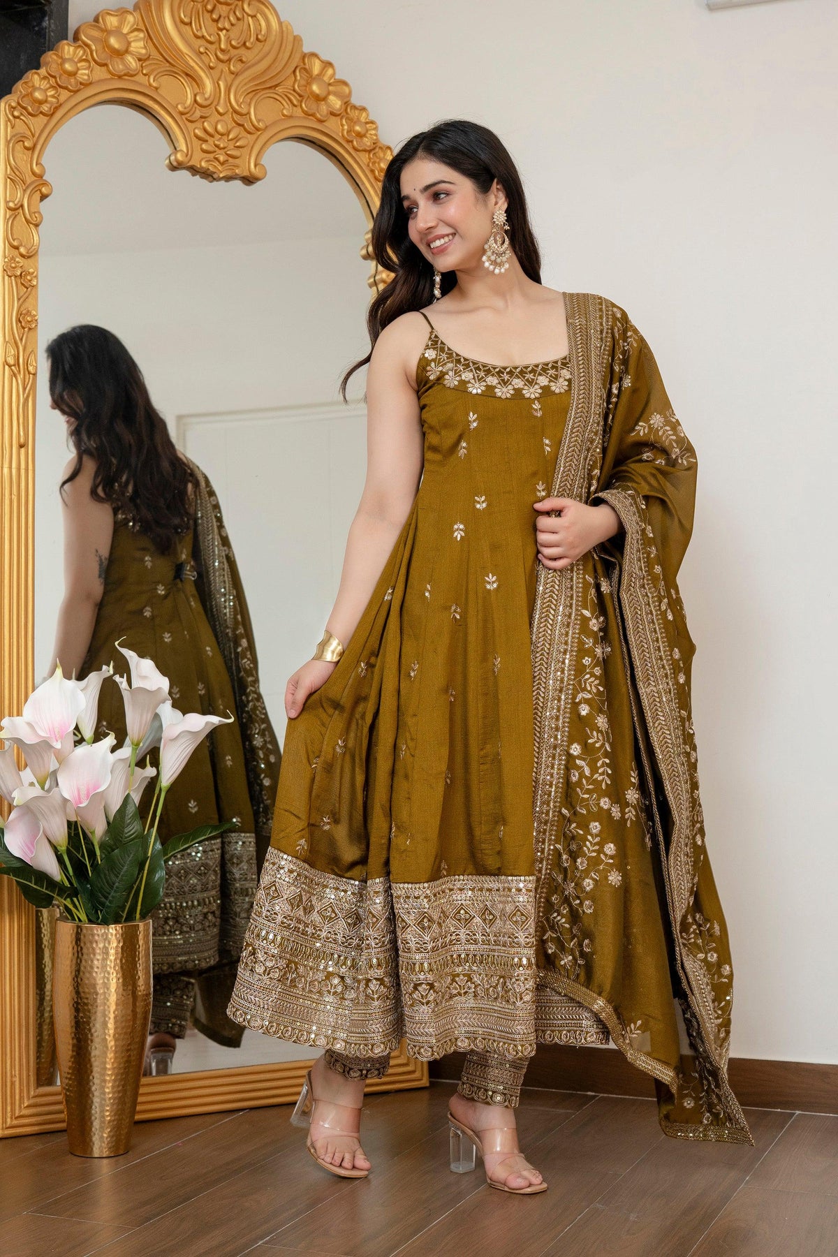 Yash Enterprise Mehndi Vichitra Silk Party Wear Embroidery Suit Set | Grocsy