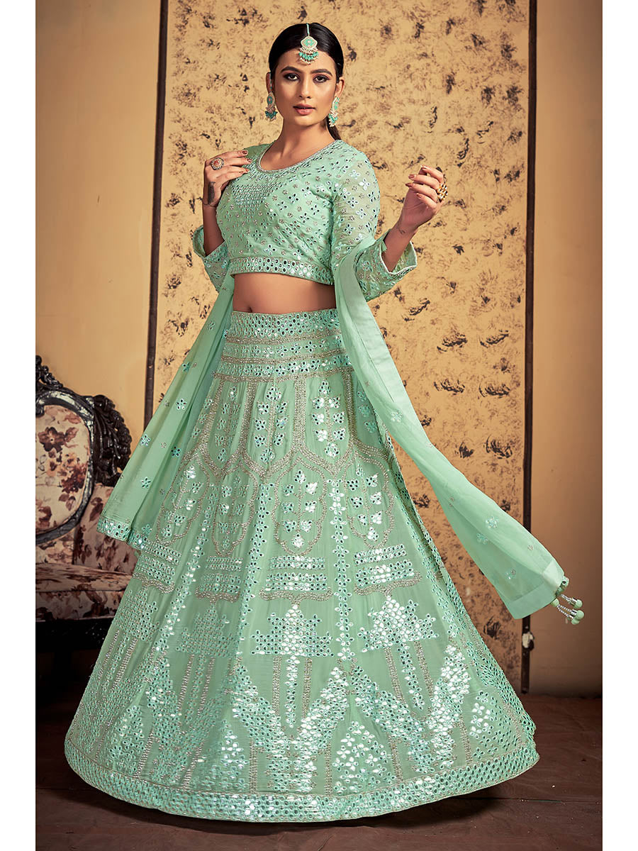 Myra Pista Georgette Heavy Embroidered Designer Lehenga | Grocsy