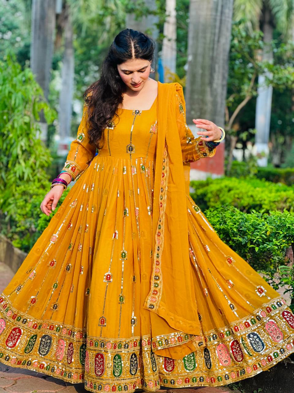 Yash Enterprise Yellow Faux Georgette Embroidery Party Wear Suit Set | Grocsy