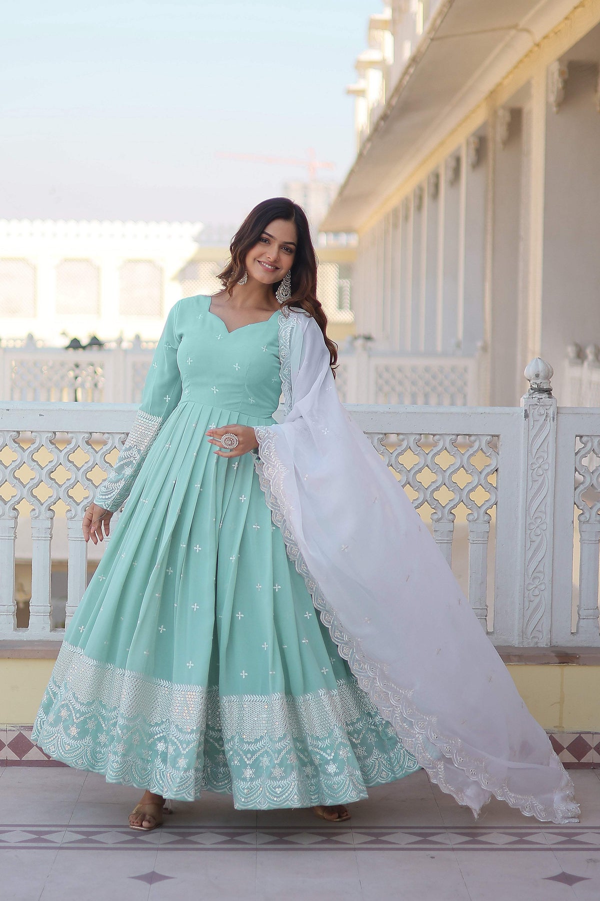 Yash Enterprise Green Pista Faux Georgette Party Wear Embroidery Suit Set | Grocsy