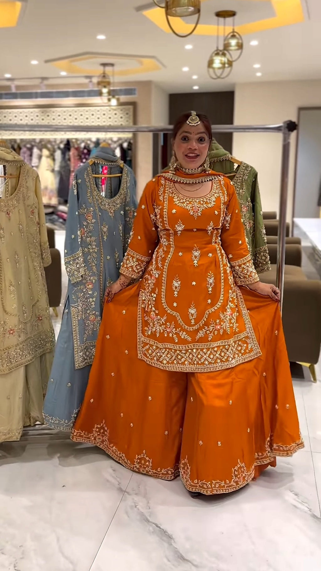 Yash Enterprise Orange Natural Crep Embroidery Party Wear Suit Set | Grocsy