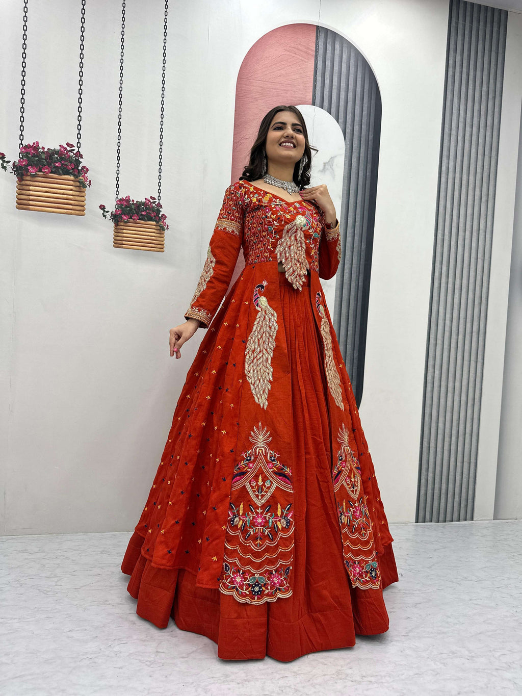 Yash Enterprise Orange Vichitra Silk Party Wear Embroidery Crop Top With Blouse Lehenga Choli | Grocsy