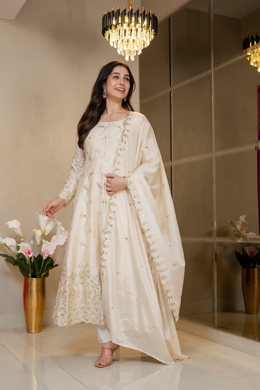Yash Enterprise Cream Chinon Silk Party Wear Embroidery Suit Set | Grocsy