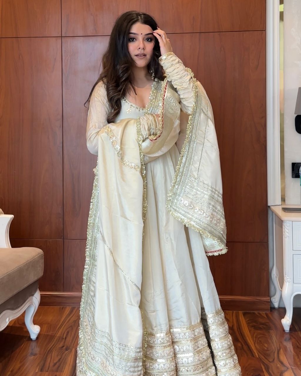 Yash Enterprise Of White Chinon Silk With Embroidery Zari Sequins-Work | Grocsy