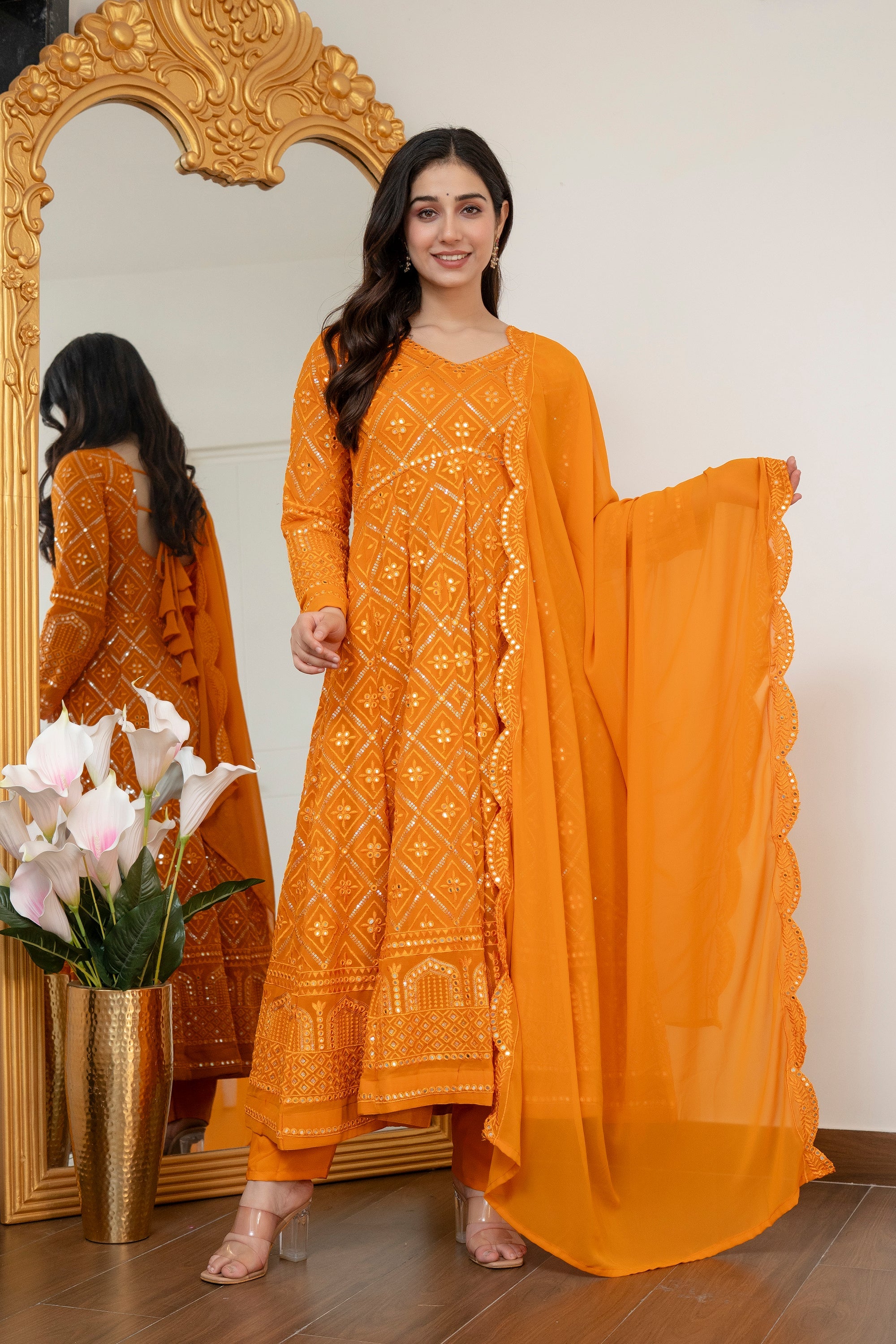 Yash Enterprise Yellow Blooming Silk Party Wear Embroidery Suit Set | Grocsy