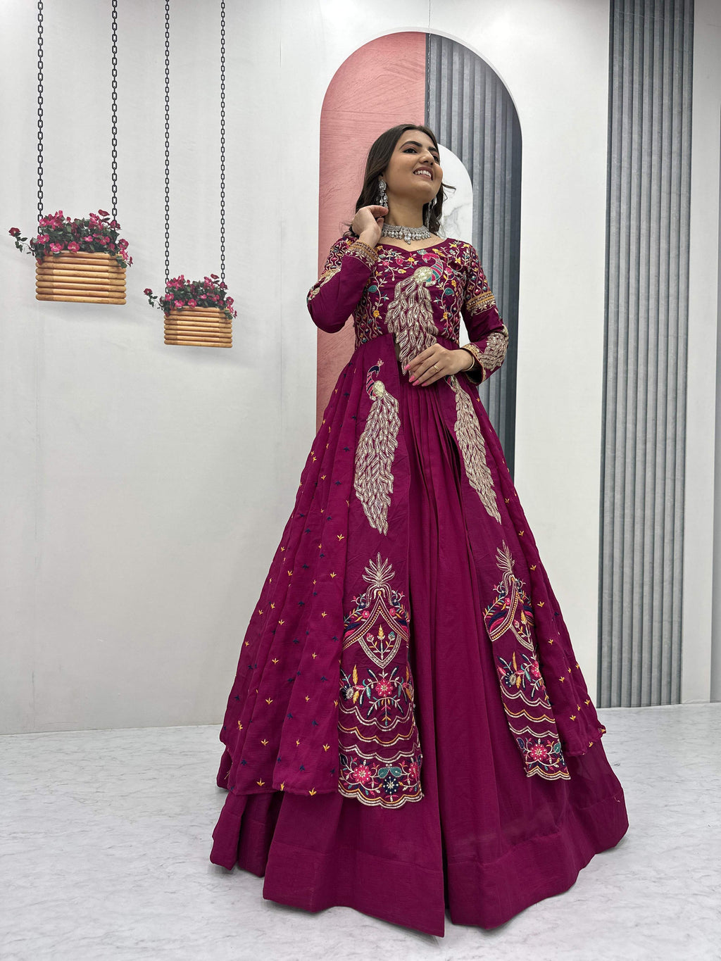 Yash Enterprise Pink Vichitra Silk Party Wear Embroidery Crop Top With Blouse Lehenga Choli | Grocsy