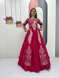 Yash Enterprise Red Vichitra Silk Party Wear Embroidery Crop Top With Blouse Lehenga Choli | Grocsy