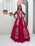 Yash Enterprise Red Vichitra Silk Party Wear Embroidery Crop Top With Blouse Lehenga Choli | Grocsy