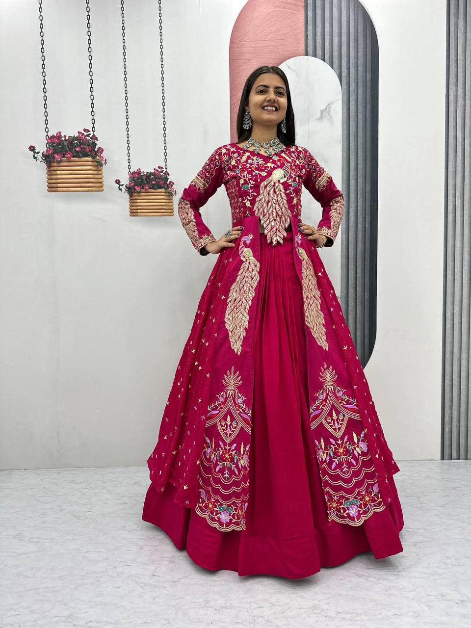 Yash Enterprise Red Vichitra Silk Party Wear Embroidery Crop Top With Blouse Lehenga Choli | Grocsy