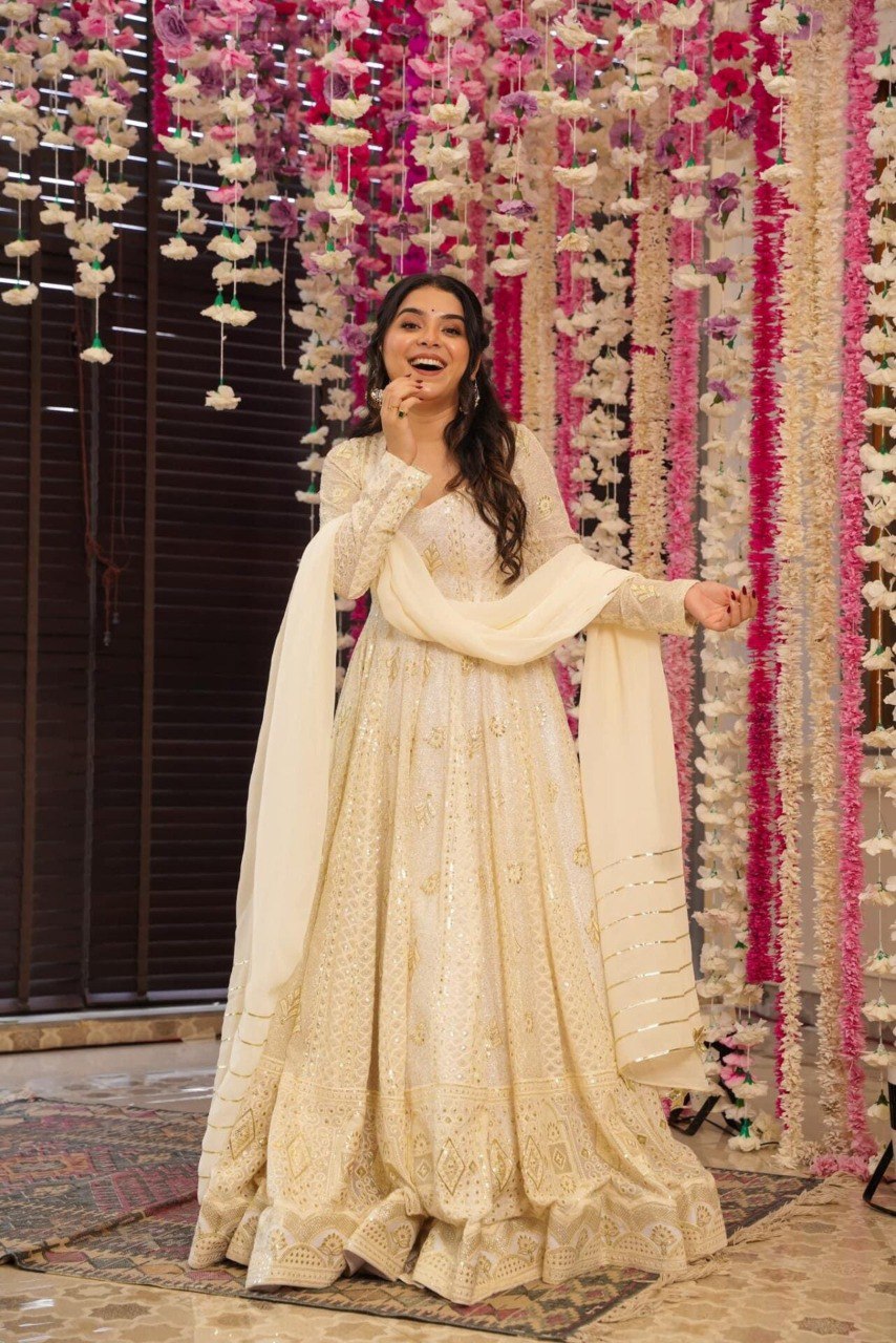 Yash Enterprise Cream Georgette Embroidery Paert Wear Suit Set | Grocsy