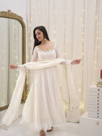Yash Enterprise White Star Georgette Silk Embroidery Party Wear Uit Set | Grocsy