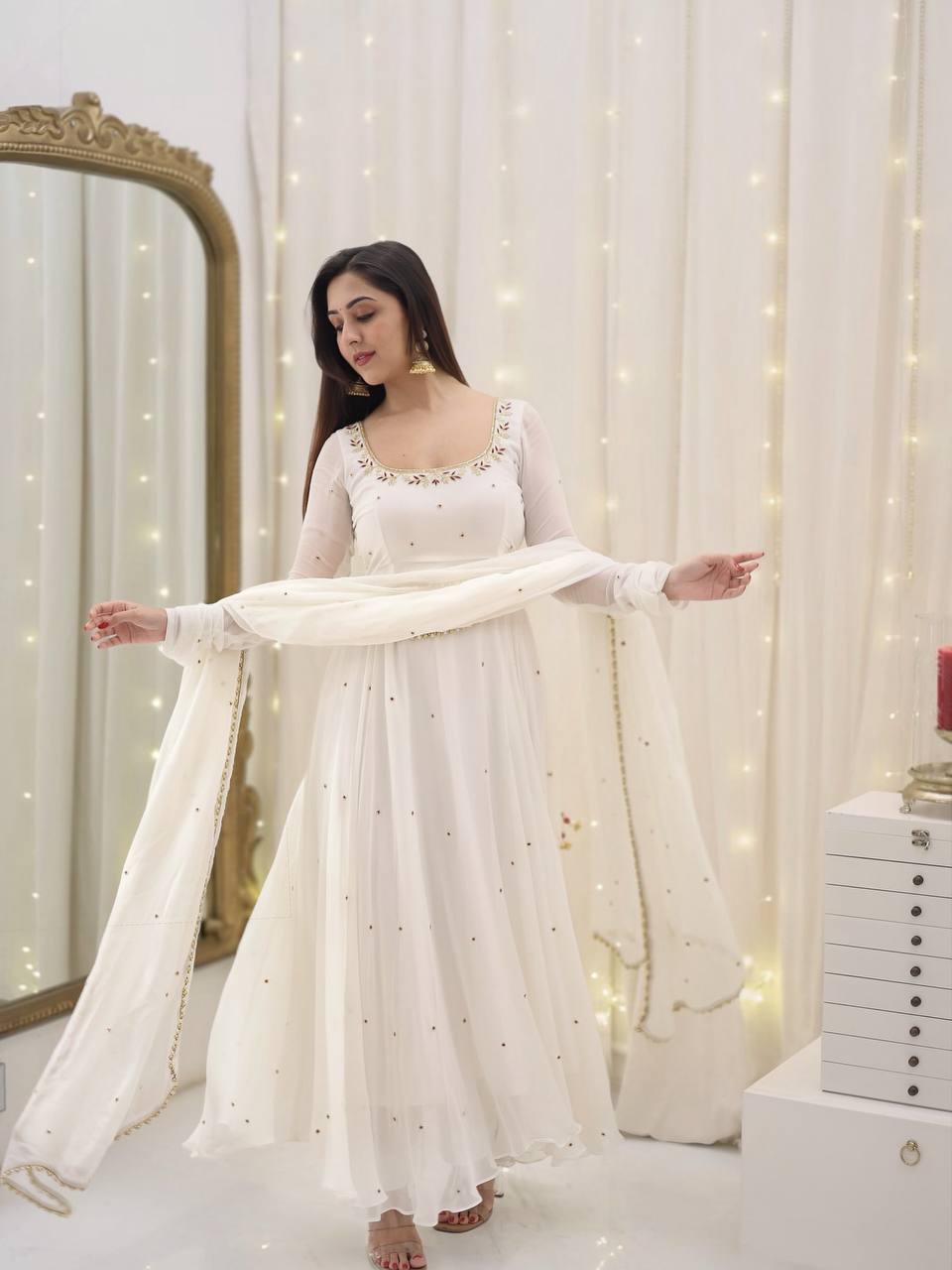 Yash Enterprise White Star Georgette Silk Embroidery Party Wear Uit Set | Grocsy