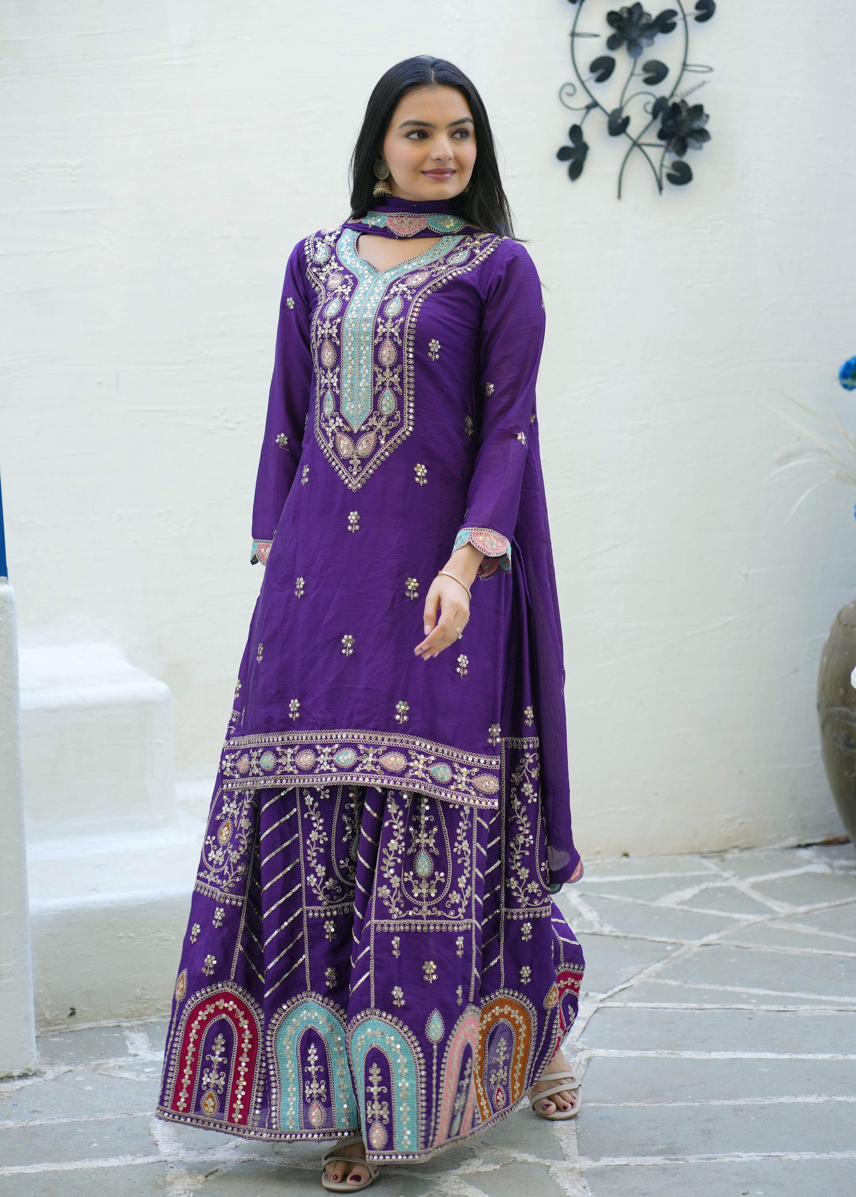 Yash Enterprise Embroidered Chinon With Sequence Blue Readymade Salwar Suit | Grocsy