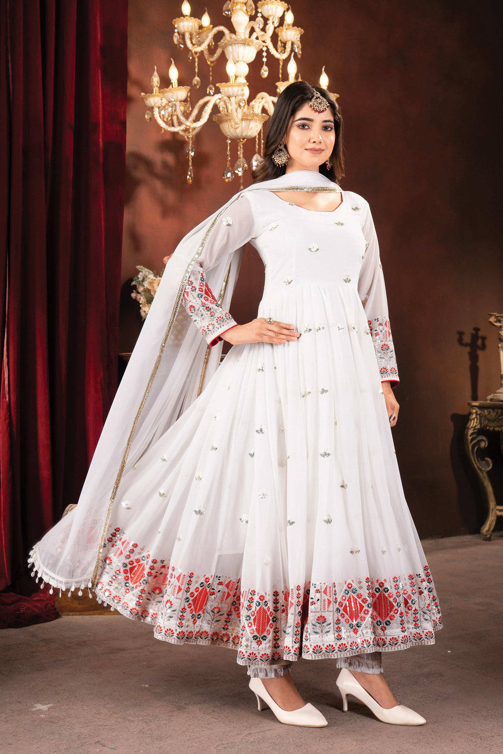 Yash Enterprise White Faux Blooming Embroidery Party Wear Suit Set | Grocsy
