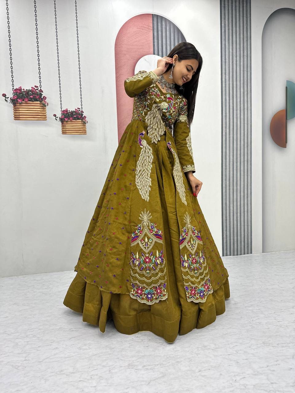 Yash Enterprise Mahendi Green Vichitra Silk Party Wear Embroidery Crop Top With Blouse Lehenga Choli | Grocsy