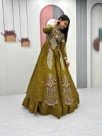 Yash Enterprise Mahendi Green Vichitra Silk Party Wear Embroidery Crop Top With Blouse Lehenga Choli | Grocsy