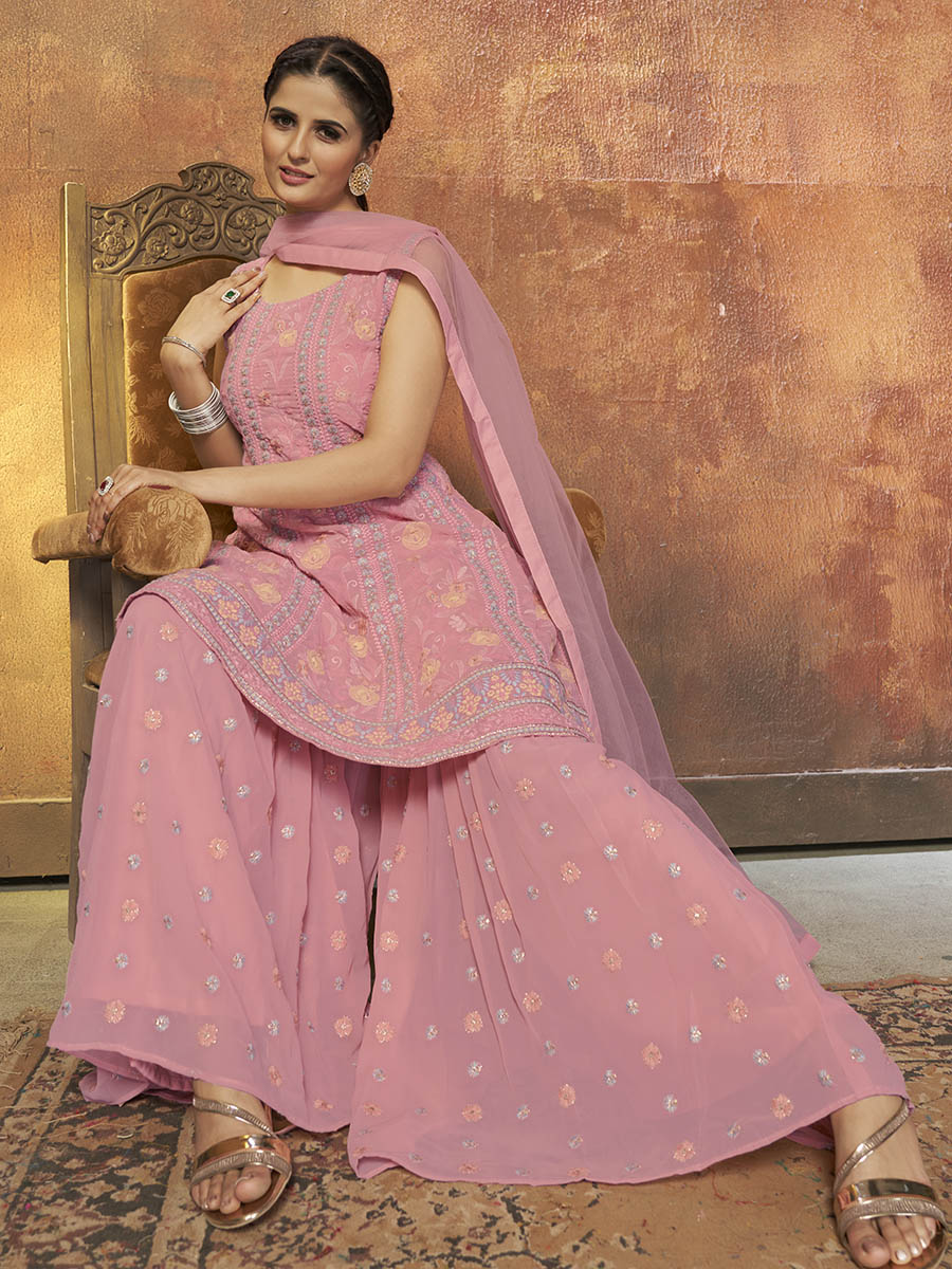Myra Pink Georgette Embroidered Designer Suit | Grocsy