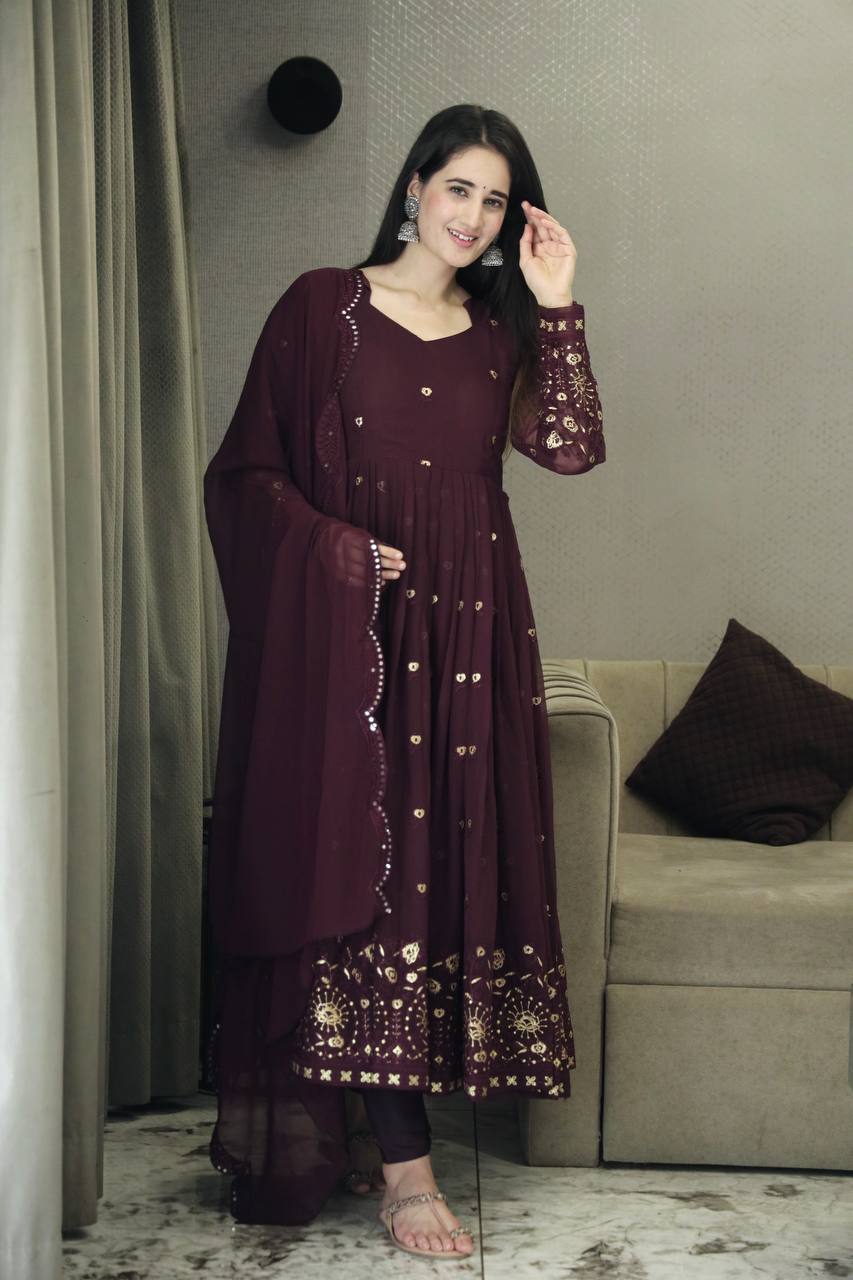Yash Enterprise Maroon Anarkali Salwar Suit With Mirror And Gota Patti Work | Grocsy