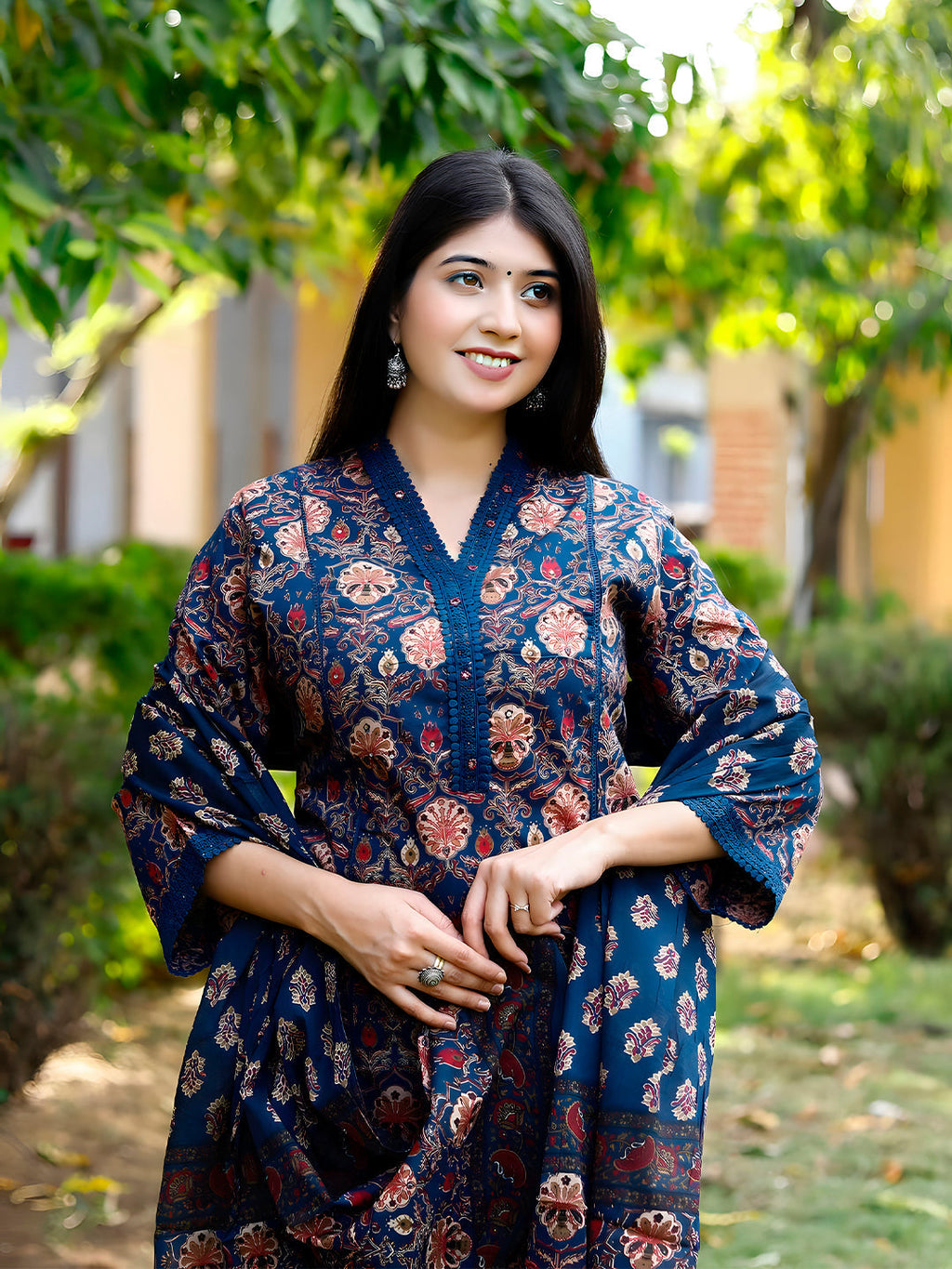 Hand Embroidered & Floral Printed Lace Detailed Kurta With Printed Pant & Dupatta Premium Luxury, Multicolor - Hiral Fashion | Grocsy