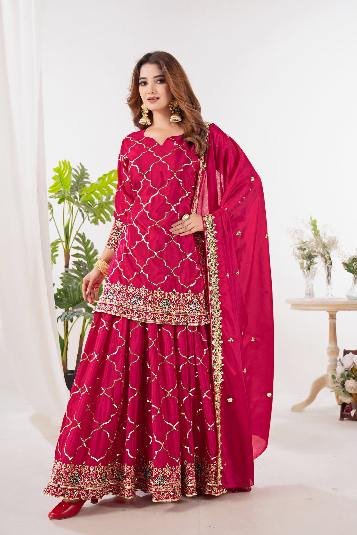 Yash Enterprise Red Chinnon Silk Embroidery Party Wear Suit Set | Grocsy