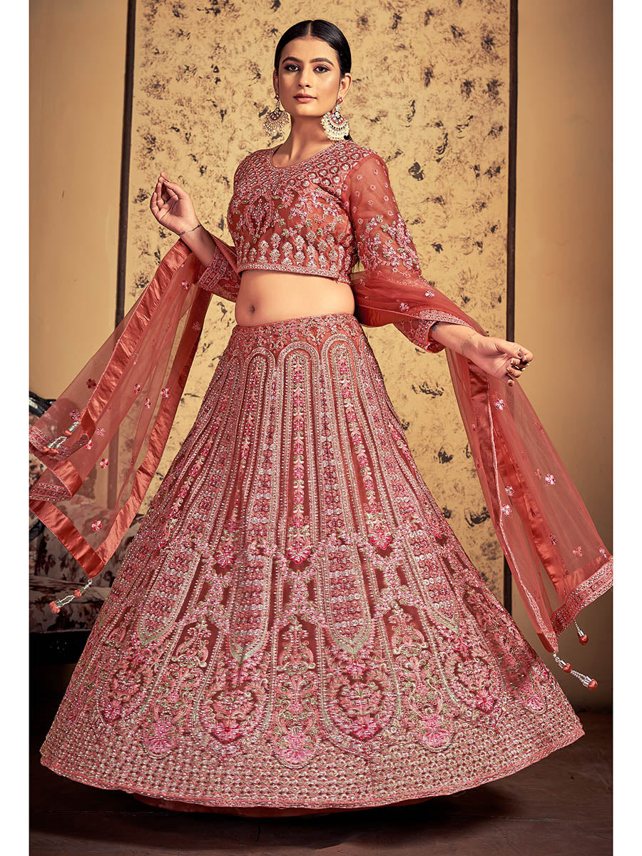Myra Pink Taupe Soft Net Heavy Embroidered Designer Lehenga | Grocsy