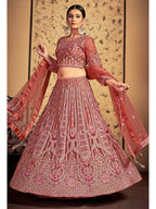 Myra Pink Taupe Soft Net Heavy Embroidered Designer Lehenga | Grocsy
