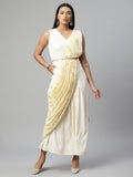 Ahalyaa Women Off White Crepe Georgette Saree Dress With Printed Pallu | Grocsy