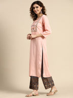 Sangria Women Floral Embroidered Thread Work Chanderi Silk Kurta With Palazzos & Dupatta | Grocsy