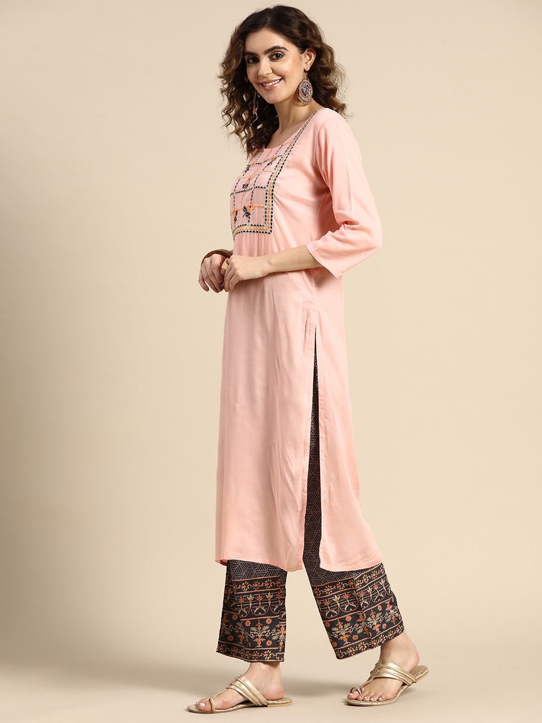 Sangria Women Floral Embroidered Thread Work Chanderi Silk Kurta With Palazzos & Dupatta | Grocsy