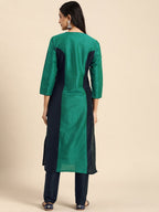 All About You Women Green & Navy Blue Colourblocked Kurta with Trousers | Grocsy