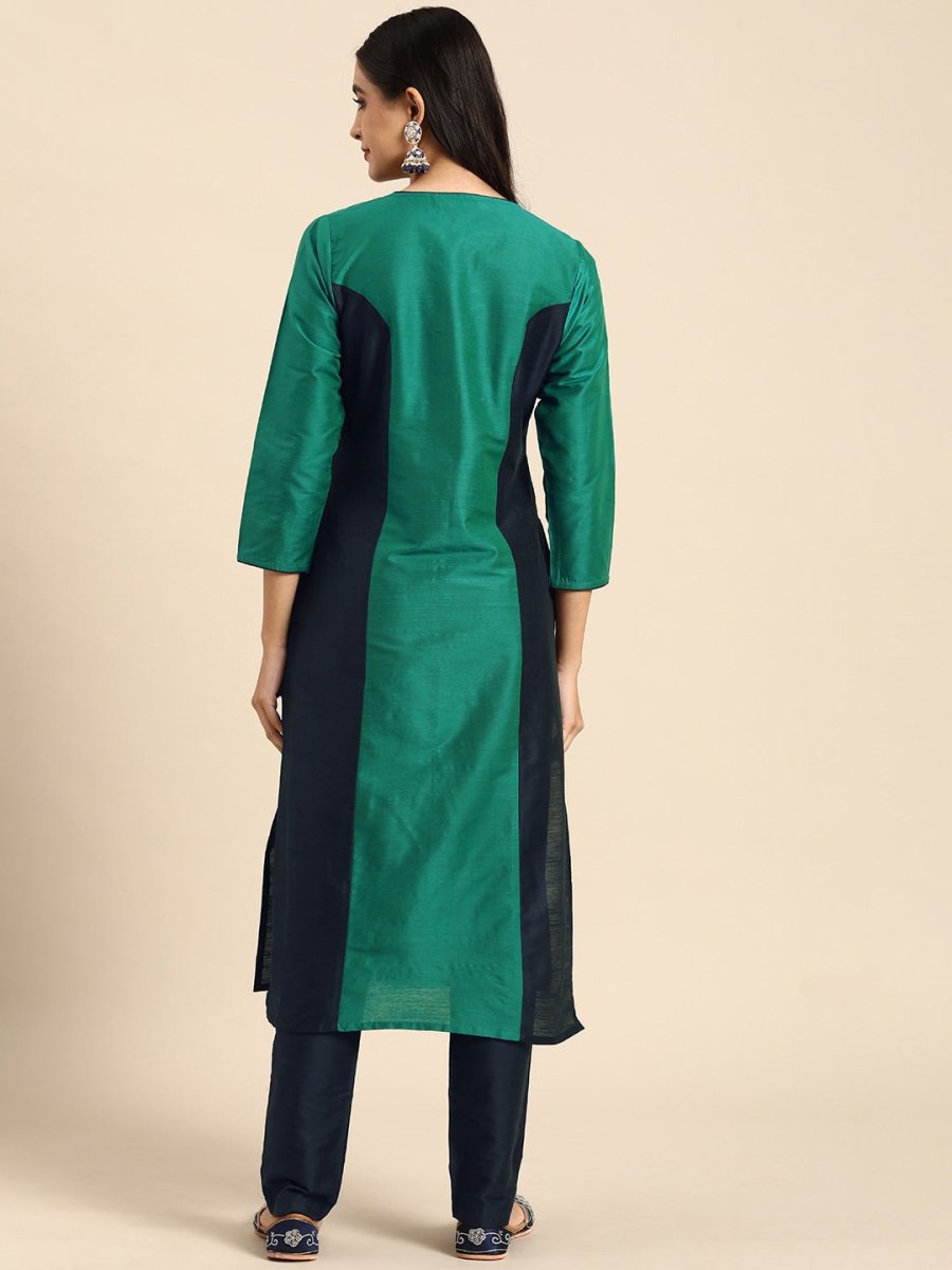 All About You Women Green & Navy Blue Colourblocked Kurta with Trousers | Grocsy