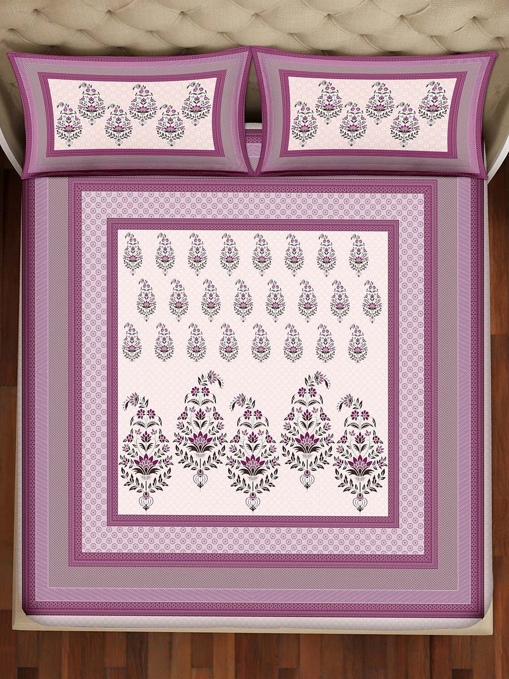 BELLA CASA Pink & White 350TC Ethnic Motifs Pure Cotton King Bedsheet with 2 Pillow Covers | Grocsy