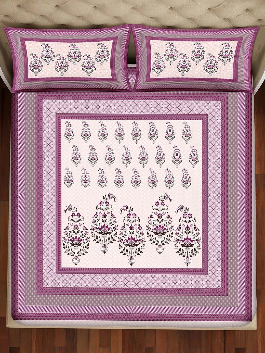 BELLA CASA Pink & White 350TC Ethnic Motifs Pure Cotton King Bedsheet with 2 Pillow Covers | Grocsy