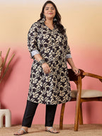 Sztori Plus Size Floral Printed Shirt Collar Roll-Up Sleeves Crepe Pathani Kurta | Grocsy
