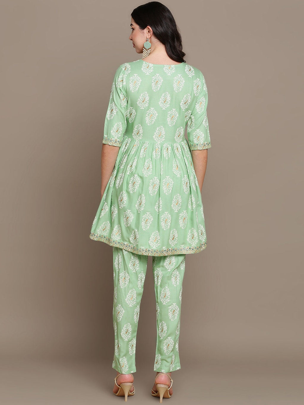 HERE&NOW Ethnic Motifs Embroidered Thread Work Sequinned High-Low Kurti with Trousers | Grocsy