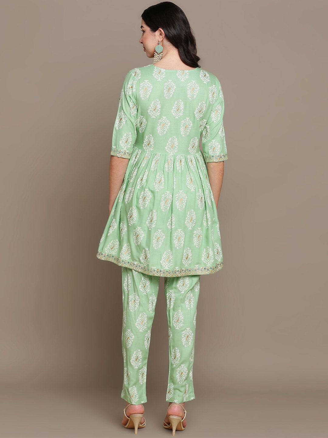 HERE&NOW Ethnic Motifs Embroidered Thread Work Sequinned High-Low Kurti with Trousers | Grocsy