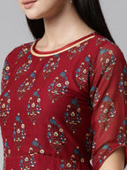 Souchii Maroon & Blue Ethnic Motifs Chiffon Maxi Dress | Grocsy