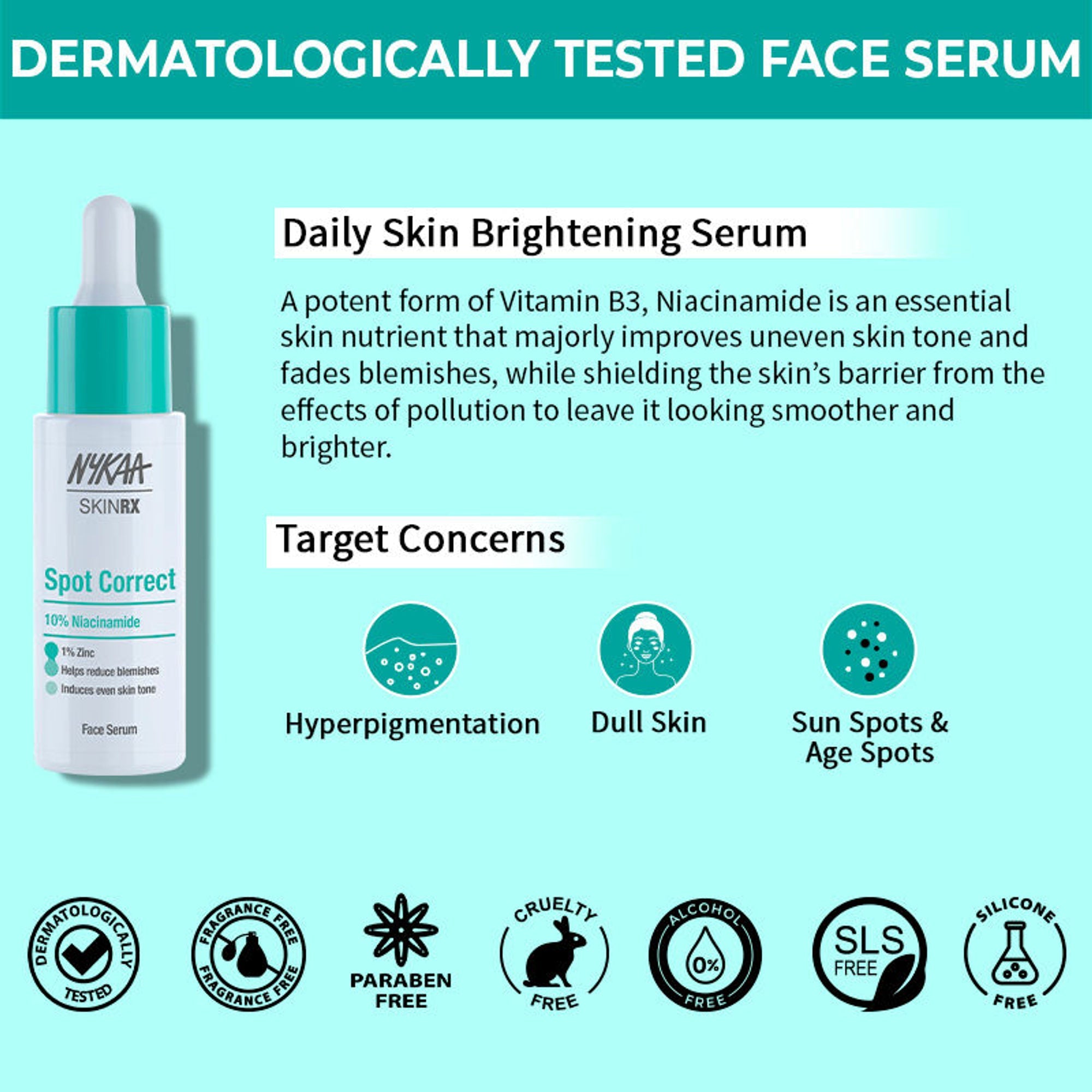 Nykaa SKINRX Spot Corrector with 10% Niacinamide + 1% Zinc Serum to Fade Dark Spots & Pigmentation | Grocsy