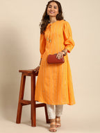 Sangria Women Jacquard Chanderi Silk Tie-Up Neck Puff Sleeves Kurta With Sequin Detail | Grocsy