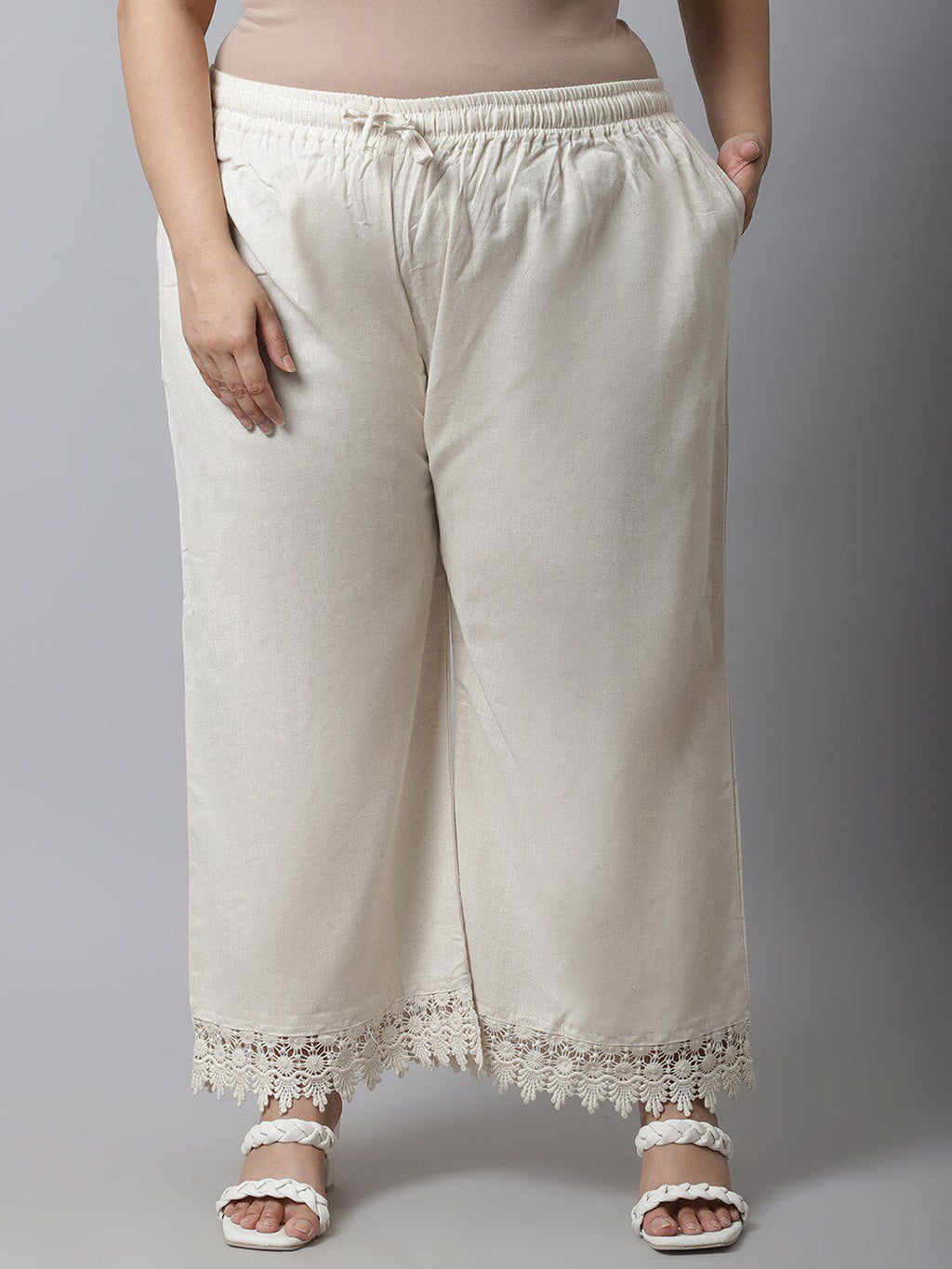 TAG 7 Women Plus Size Cream-Coloured Linen Ethnic Palazzos | Grocsy