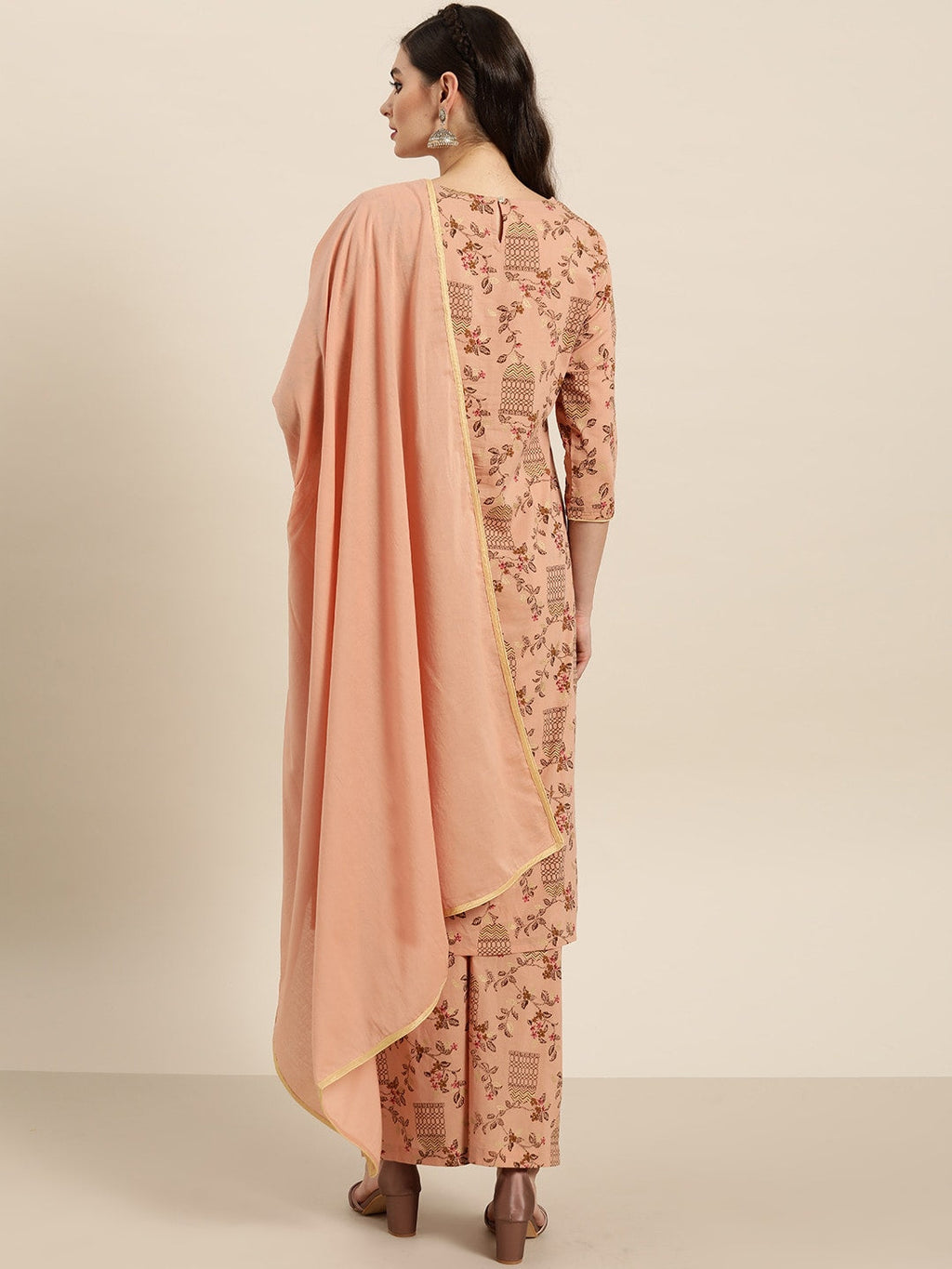 Sangria Women Dusty Pink & Brown Pure Cotton Printed Kurta with Palazzos & Dupatta | Grocsy