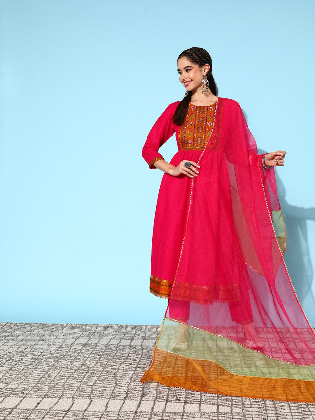 Sangria Ethnic Motifs Yoke Design Pleated Sequinned Kurta with Trousers & Dupatta | Grocsy