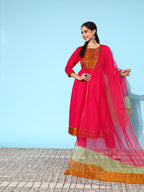 Sangria Ethnic Motifs Yoke Design Pleated Sequinned Kurta with Trousers & Dupatta | Grocsy