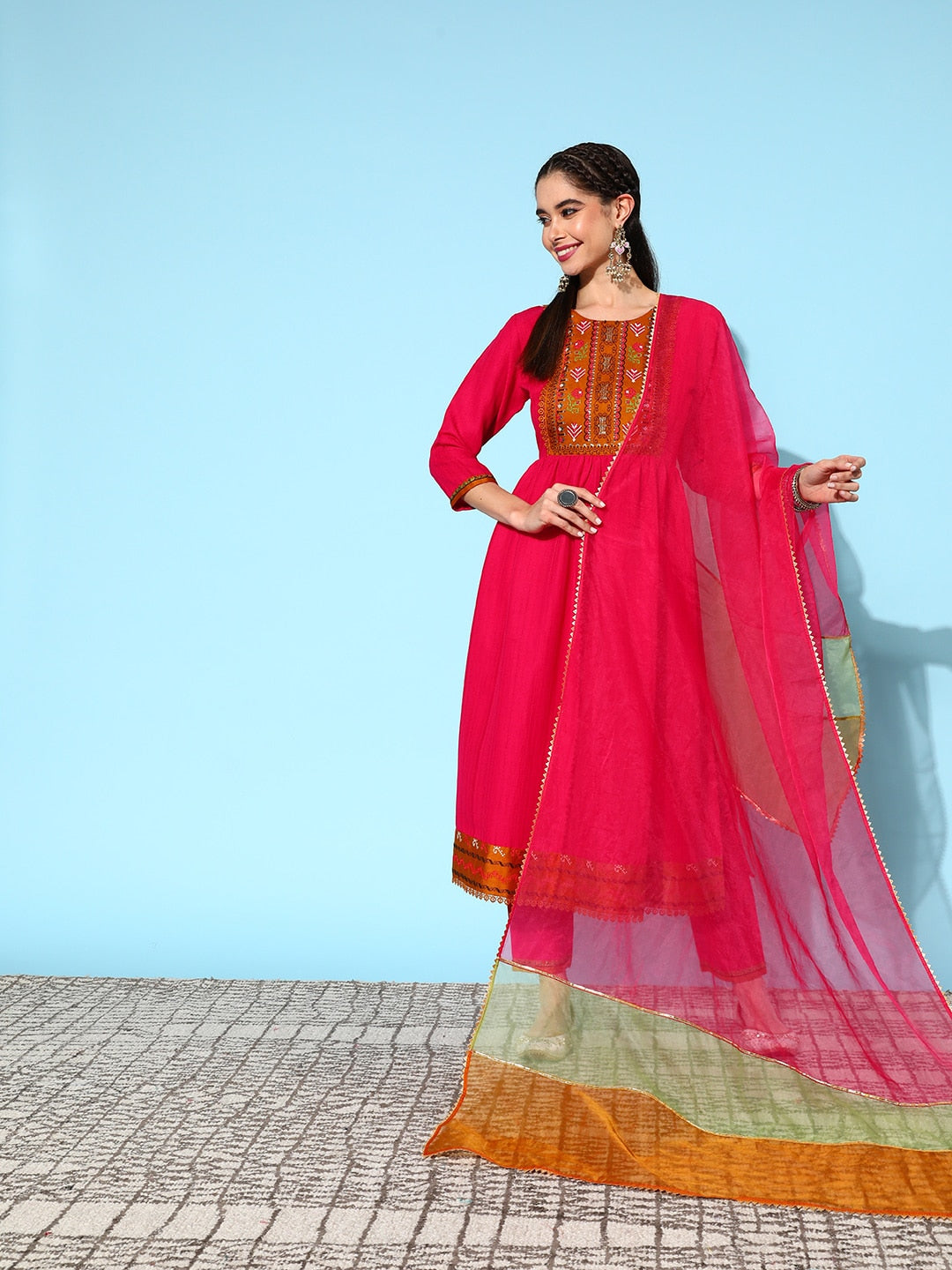 Sangria Ethnic Motifs Yoke Design Pleated Sequinned Kurta with Trousers & Dupatta | Grocsy