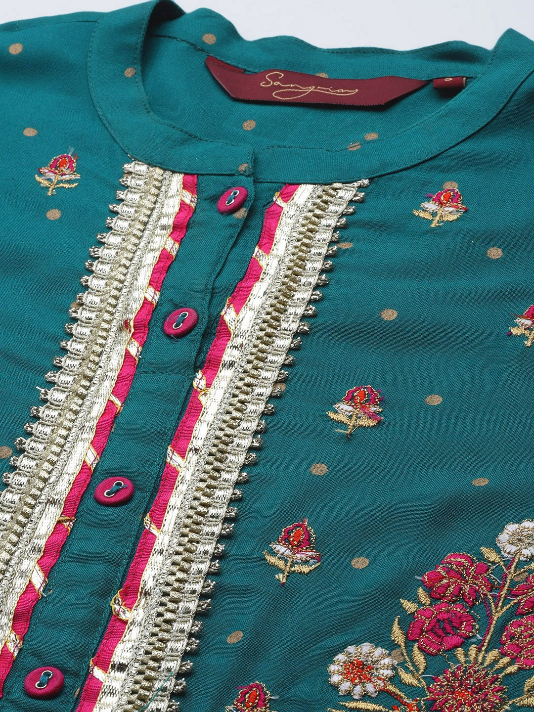 Sangria Women Teal Green & Golden Floral Embroidered Kurta with Trousers | Grocsy