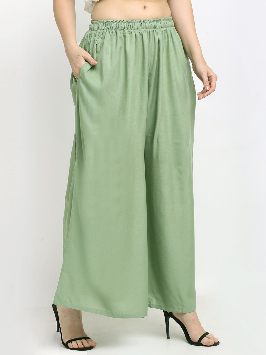 TAG 7 Women Sage Green Solid Flared Fit Ethnic Palazzos | Grocsy