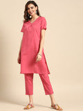 Sangria V-Neck Lace Detail Kurta with Trousers | Grocsy